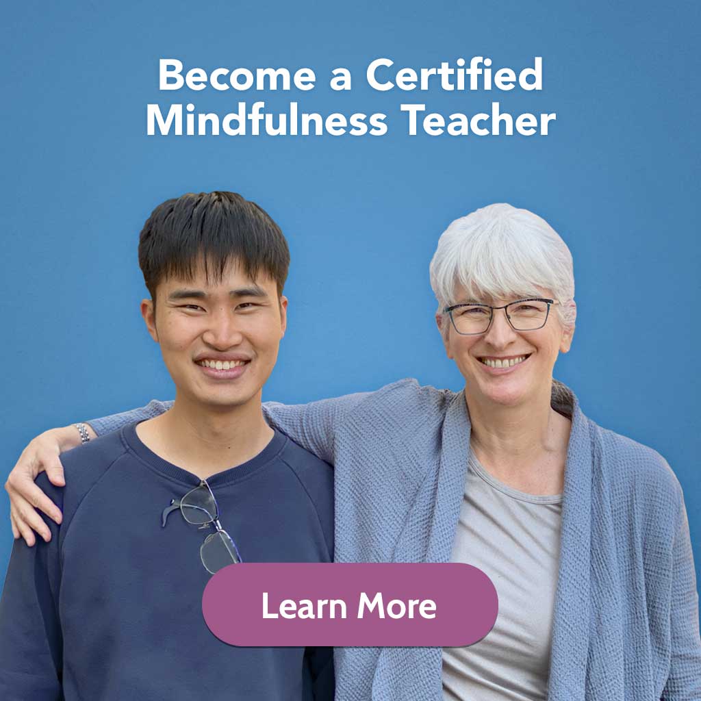 Picture of a teacher and student on blue background with the words "Become a Certified Koru Mindfulness Teacher" and "Learn More" button