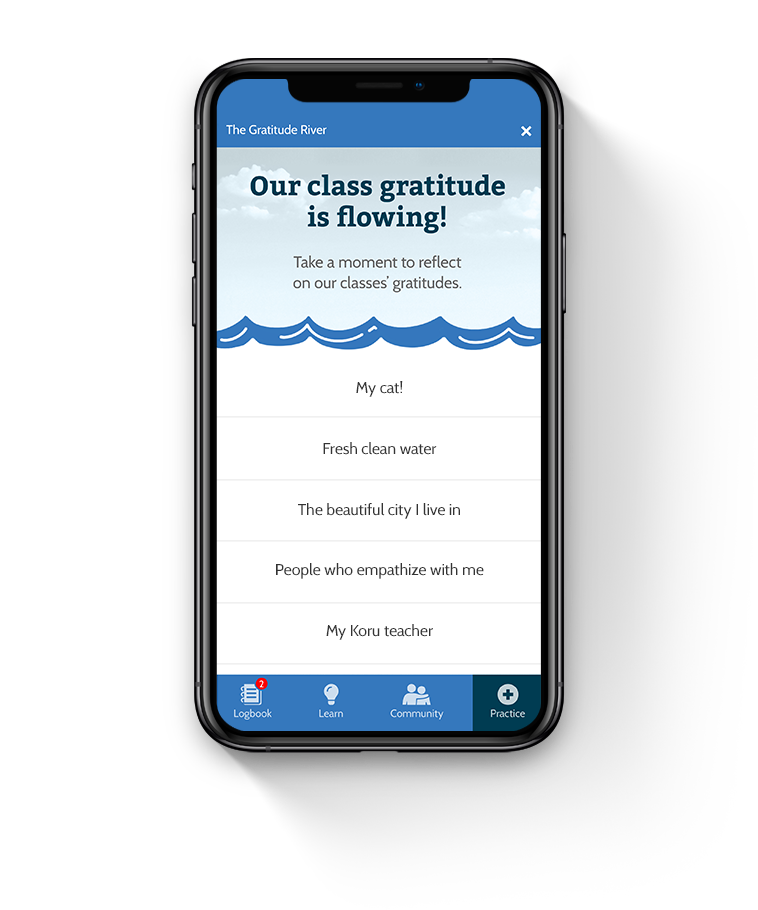 An image of Koru's mobile app, set to the Gratitude River screen