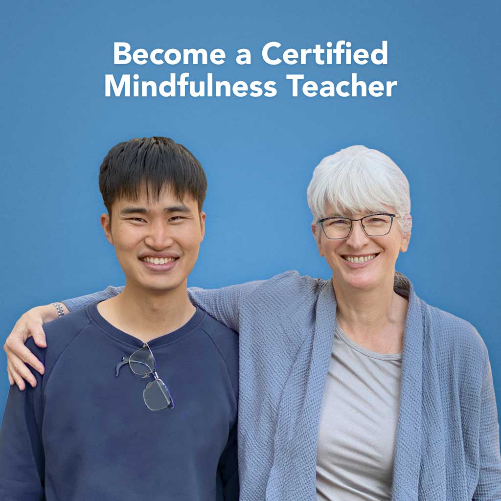 Picture of a teacher and student on blue background with the words "Become a Certified Koru Mindfulness Teacher"