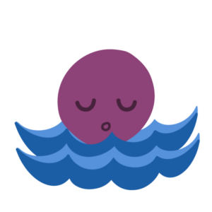 Purple icon of a calm face with eyes closed and floating on water.