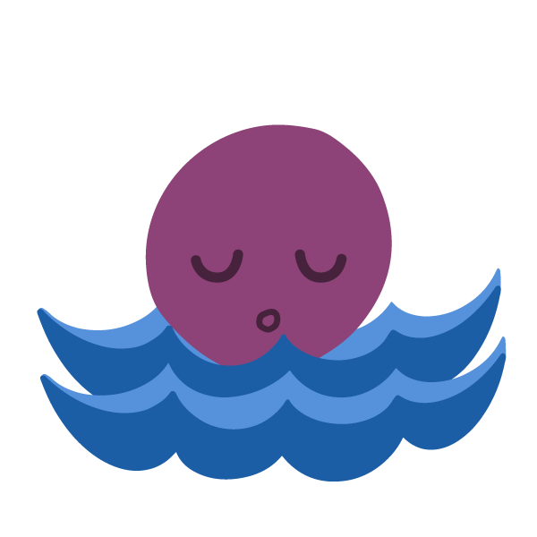 Purple icon of a calm face with eyes closed and floating on water.